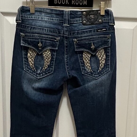 RARE MISS ME JEANS; LOW RISE  BOOTCUT EMBELLISHED SEQUIN SPLIT  WINGS  POCKETS - Picture 1 of 16